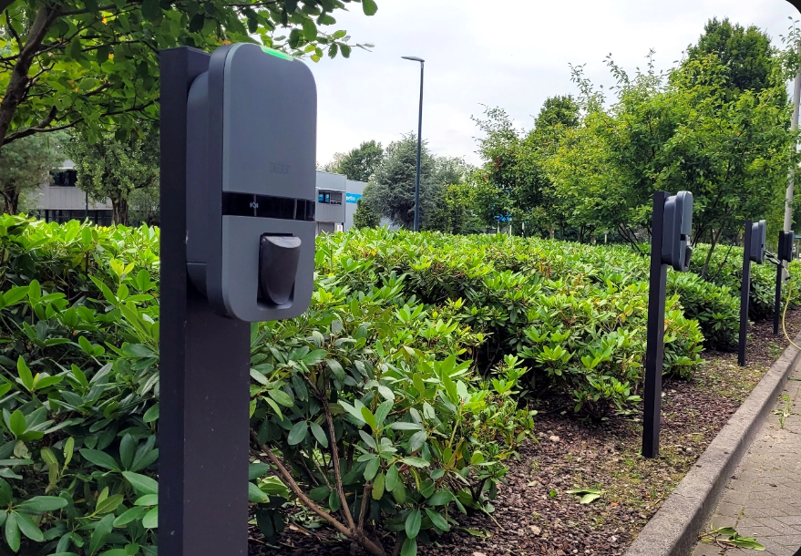 Peblar chargers in a business car park